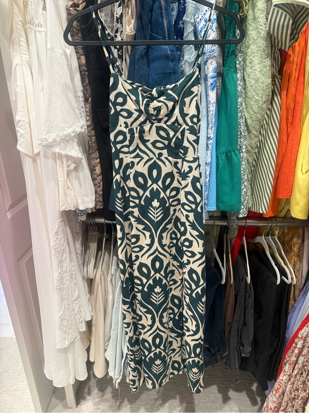 American Eagle Outfitters Green and Cream Patterned Midi Slip Dress